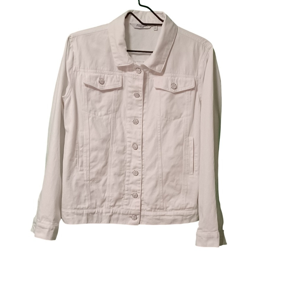 New Direction Woman White Denim Jacket 100% Cotton Trucker Style Size L‎ 54742NJ